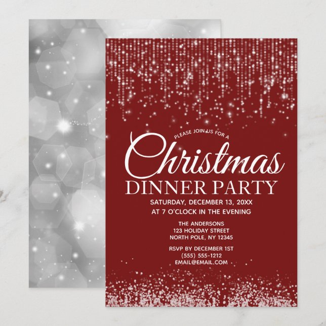 Invitation Soirée Rouge en Argent Lumières Dîner de Noël (Devant / Derrière)