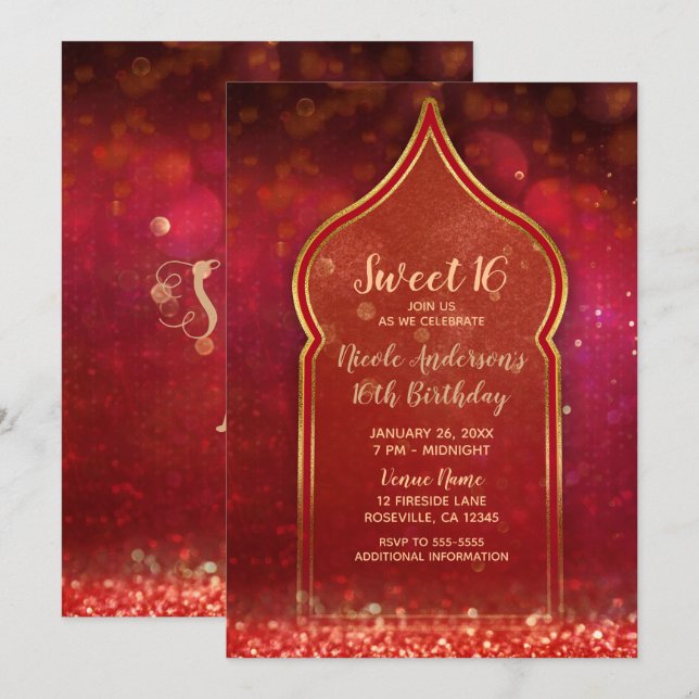 Invitation Soirée Rouge & Or Nuits Arabes Marocaines pour 16  (Devant / Derrière)