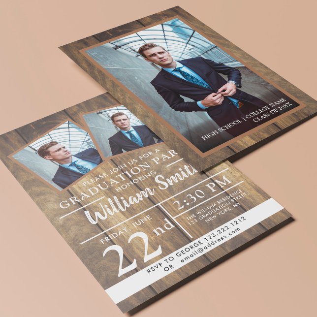 Invitation Soirée Rustique De Graduation En Bois Avec 3 Photo (Créateur téléchargé)