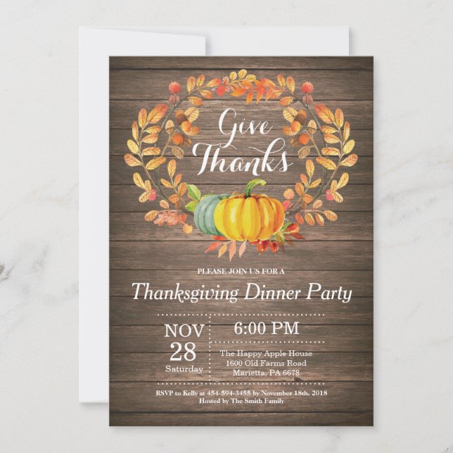Invitation Soirée Rustique Thanksgiving Diner Party Automne a (Devant)