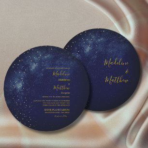 Invitation Soirée Sky Astral Gold Stars Blue Round Mariage