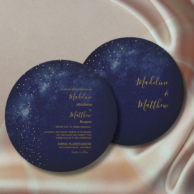 Invitation Soirée Sky Astral Gold Stars Blue Round Mariage (Créateur téléchargé)