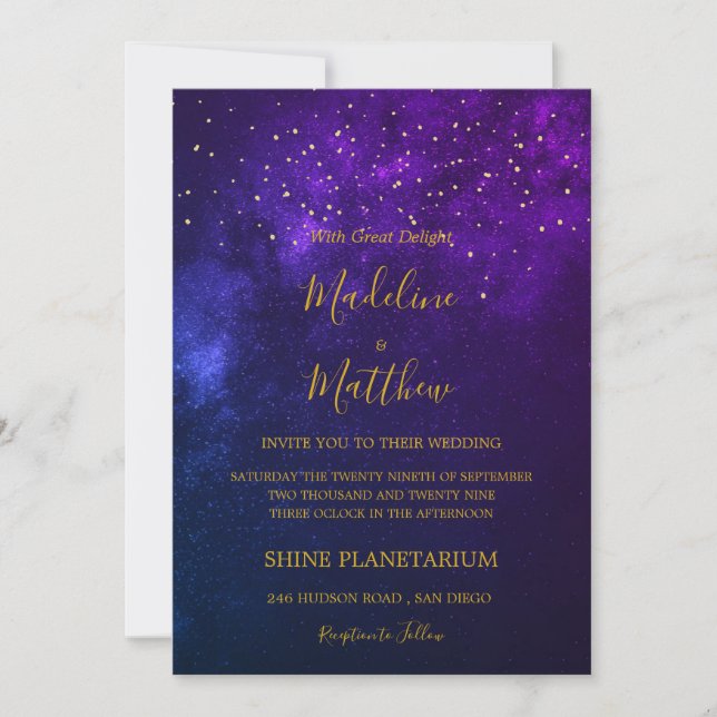 Invitation Soirée Sky Celestial Gold Stars Mariage violet (Devant)