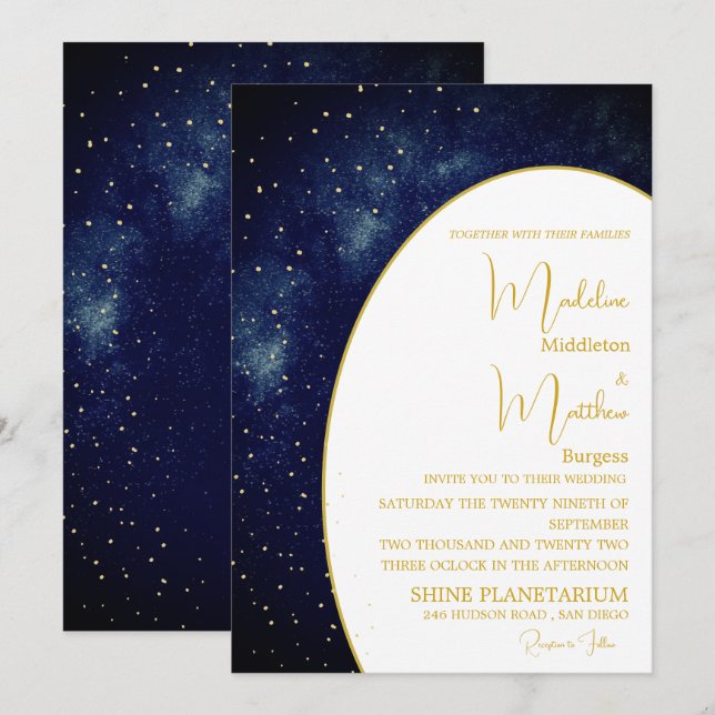 Invitation Soirée Sky Gold Stars Blue Modern Mariage (Devant / Derrière)