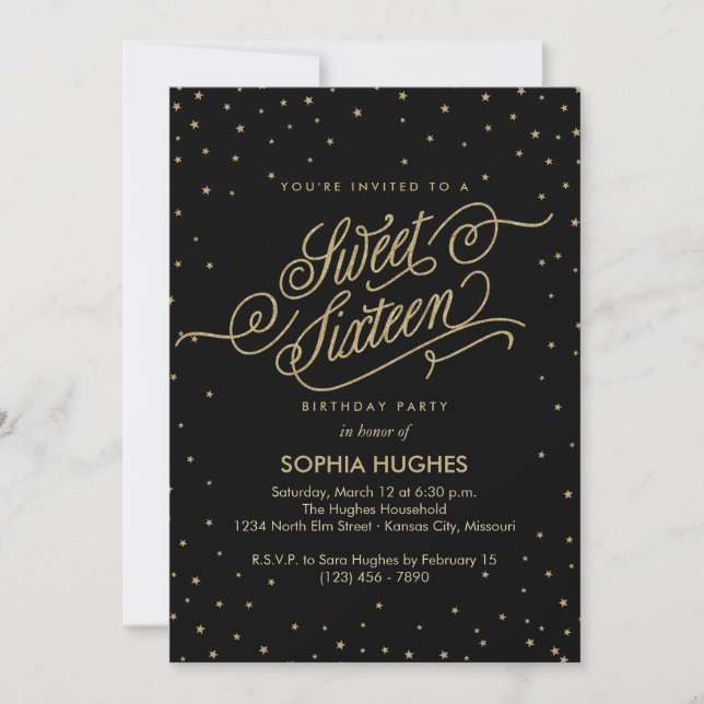 Invitation Soirée Stars Gold & Black Sweet sixteen Party (Devant)