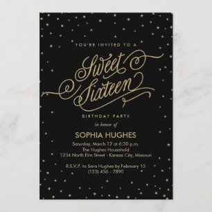 Invitation Soirée Stars Gold & Black Sweet sixteen Party