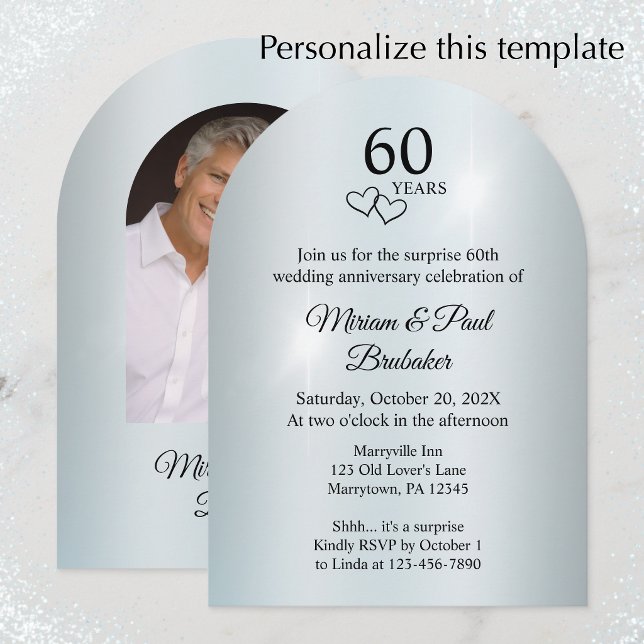 Invitation Soirée surprise pour le 60e anniversaire de la pho (Easily customize this elegant arch diamond 60th anniversary party invitation with photo and names.)