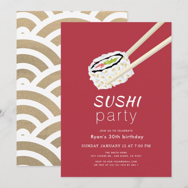 Invitation Soirée sushi Simple Bourgogne & Or Anniversaire (Devant / Derrière)