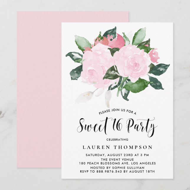 Invitation Soirée Sweet sixteen Rose couleur rose douce (Devant / Derrière)