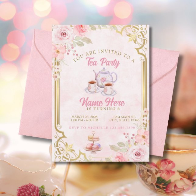 Invitation Soirée thé rose fête d'anniversaire (Créateur téléchargé)