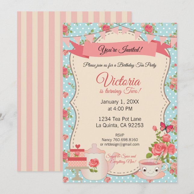Invitation Soirée Thé Sucre & Épices (Floral Bleu) (Devant / Derrière)