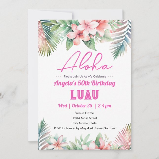 Invitation Soirée tropicale de Luau pour les 50 ans d'un adul (Devant)