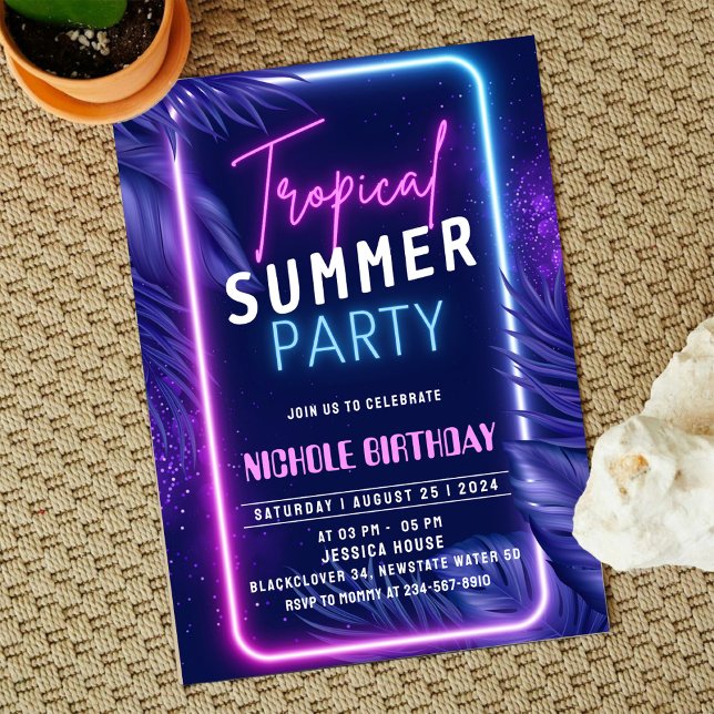 Invitation Soirée tropicale d'été (Zazzle Night Glow Birthday Invitation Party)
