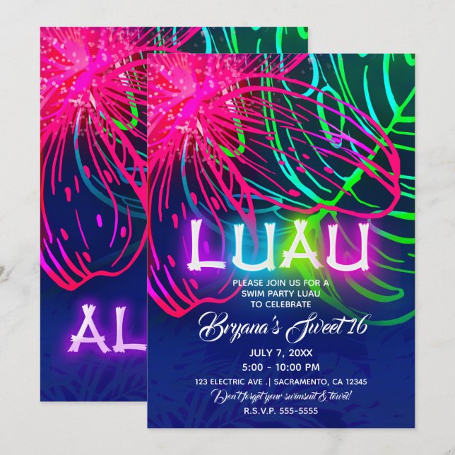 Invitation Soirée Tropicale Luau Électrique Néon Aloha Party (Devant / Derrière)