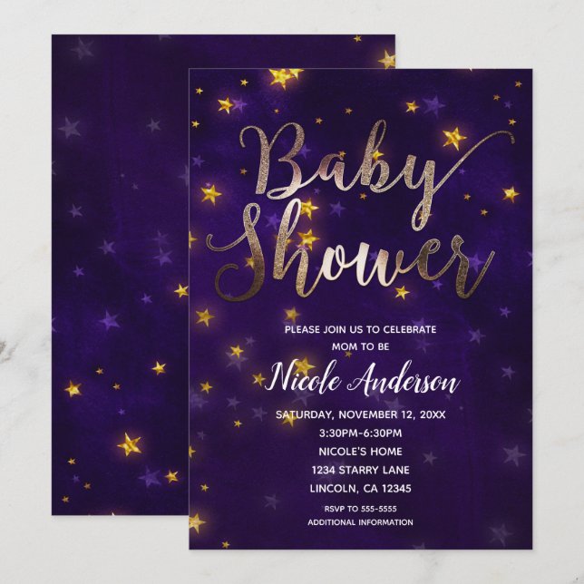 Invitation Soirée Violette Et Or Sous Les Étoiles Baby Shower (Devant / Derrière)