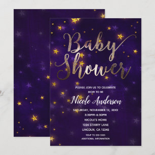 Invitation Soirée Violette & Or Sous Les Étoiles Baby Shower