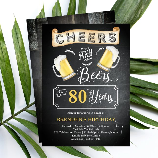 Invitation Soirées et bières à 80 ans fête d'anniversaire (Cheers and Beers to 80 Years Chalkboard Look 80th Birthday Party Invitation)
