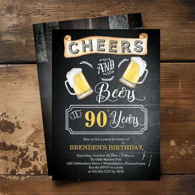 Invitation Soirées et bières à 90 ans fête d'anniversaire (Cheers and Beers to 90 Years Chalkboard Look 90th Birthday Party Invitation)