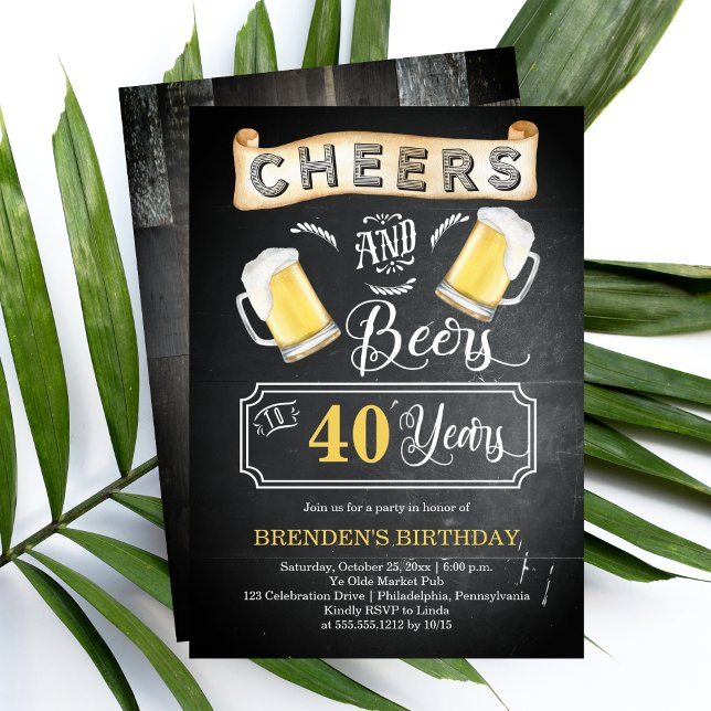 Invitation Soirées et bières jusqu'à 40 ans fête d'anniversai (Cheers and Beers to 40 Years Chalkboard Look 40th Birthday Party Invitation)
