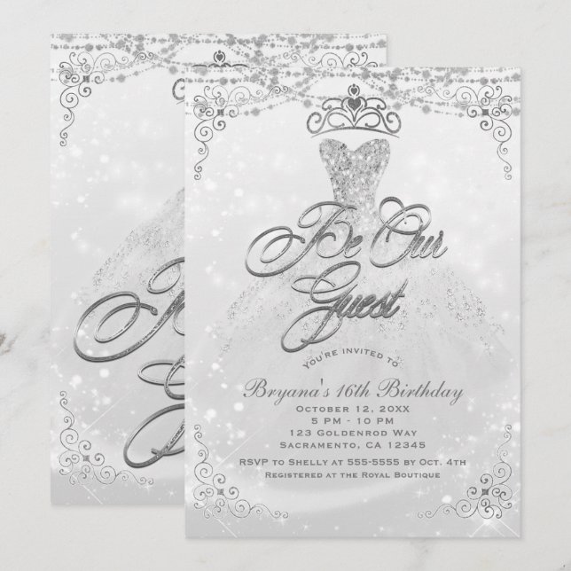 Invitation Sois notre invitée Princesse Blanc Argent fête dou (Devant / Derrière)
