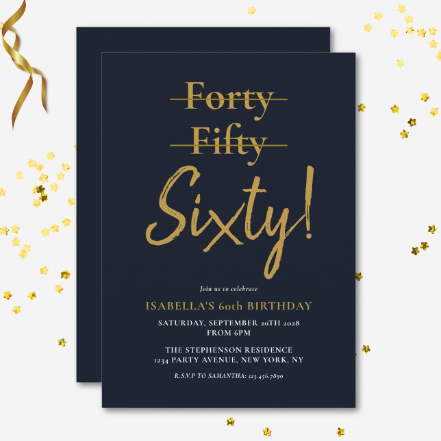 Invitation Soixante ans de fun moderne Bleu marine Or 60e ann (Invitation front and back)