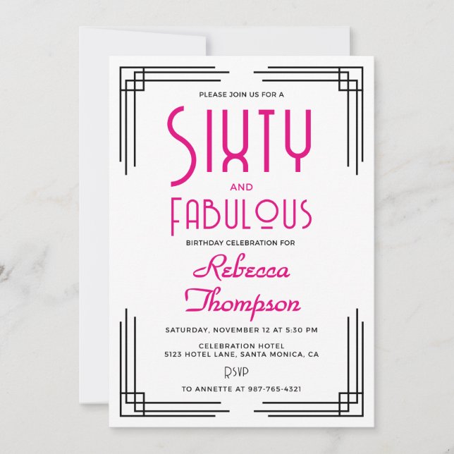 Invitation Soixante ans et fabuleux Art déco rose vif 60e ann (Devant)