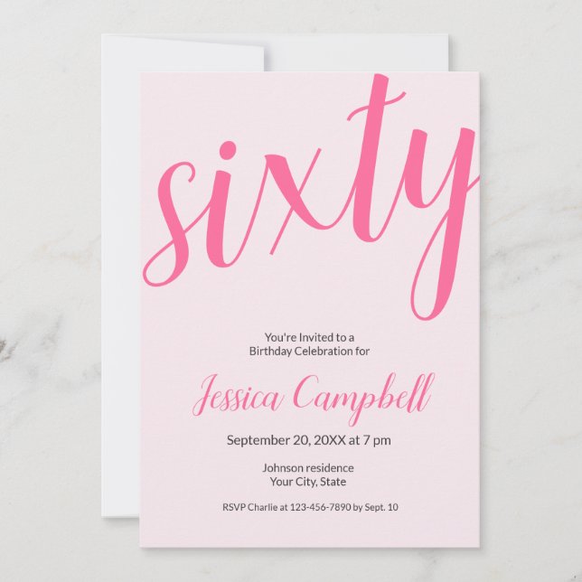 Invitation Soixante ans et fabuleux écriture rose 60e anniver (Devant)