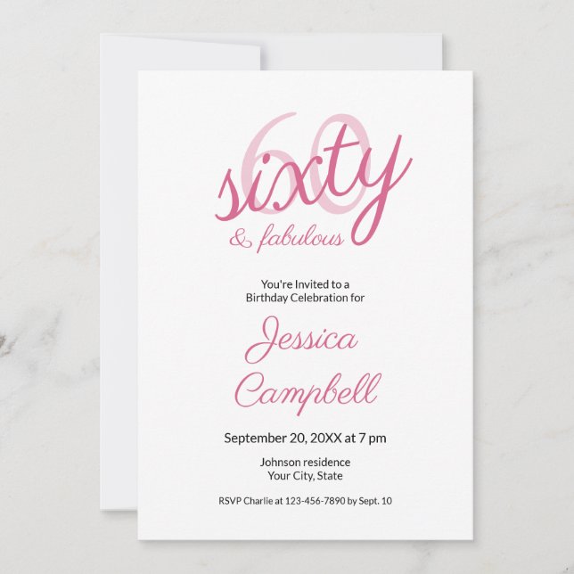 Invitation Soixante ans et Fabuleux Écriture Rose 60e Anniver (Devant)