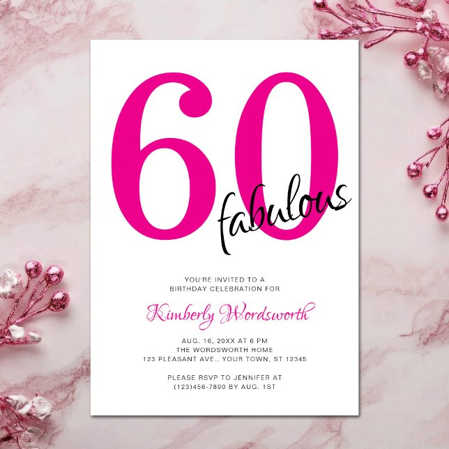 Invitation Soixante ans et Fabuleux Fête d'anniversaire rose  (Créateur téléchargé)