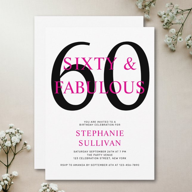 Invitation Soixante ans et Fabuleux Rose et Noir Fête d'anniv (Créateur téléchargé)