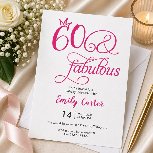 Invitation Soixante ans et Fabuleux Texte Rose 60e Anniversai (Créateur téléchargé)
