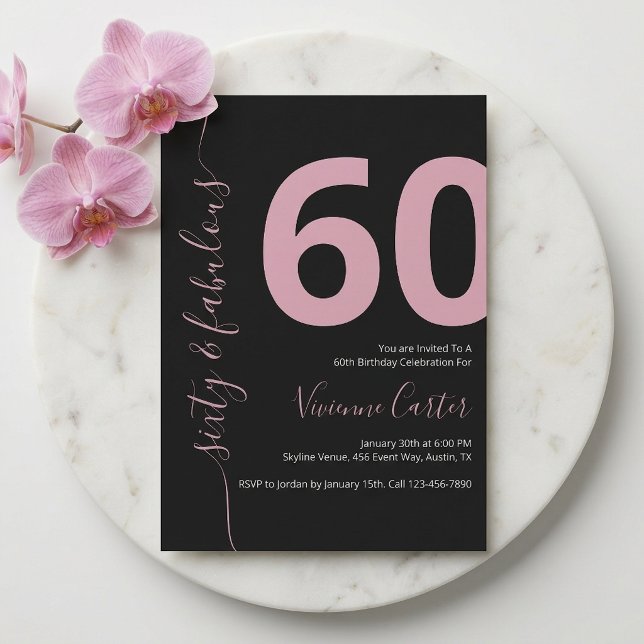 Invitation Soixante ans et Fabuleux Texte Rose pour une fête  (Sixty and Fabulous Script Pink 60th Birthday Party Invitation)