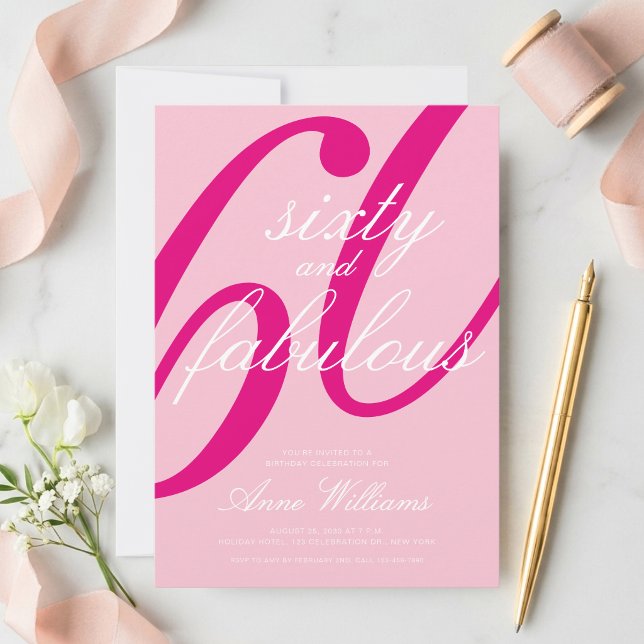 Invitation Soixante ans et Fabuleux Texte Rose pour une fête  (Créateur téléchargé)