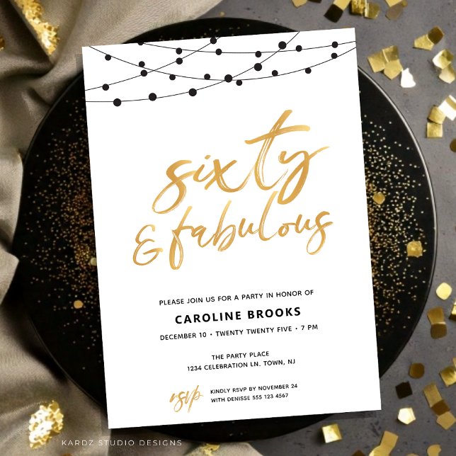 Invitation Soixante ans et Incroyable 60e Anniversaire (60th birthday Invitation shown in 5x7 in. flat card. Personalize it with the blue personalize button)