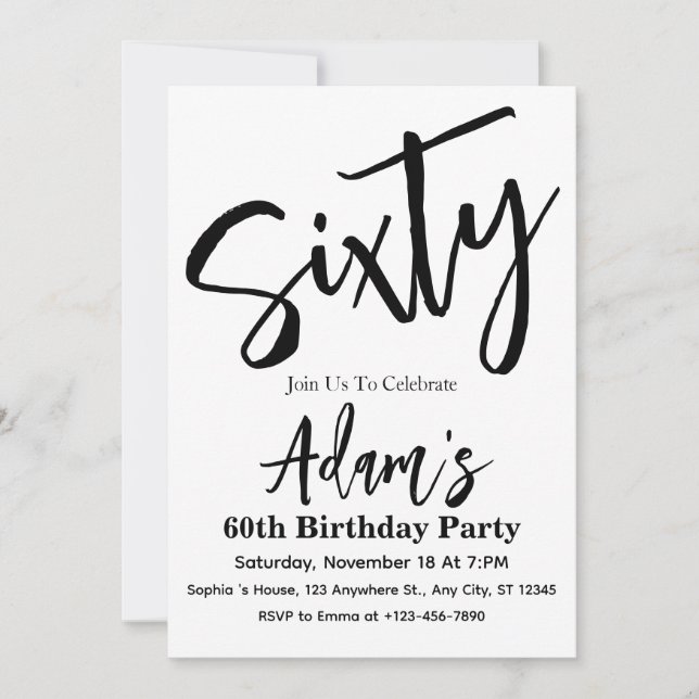 Invitation Soixante ans, fête d'anniversaire moderne noir et  (Devant)