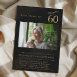 Invitation Soixante Black Gold 60th Birthday Party Photo<br><div class="desc">Faites de votre 60e anniversaire un extra spécial avec cette magnifique invitation en noir et or de Zazzle! Nos invitations noirs de fête sur mesure disposent d'une belle police de script aux accents d'or gras pour une touche luxueuse. Customisez facilement les détails de votre événement sur la carte et ajoutez...</div>