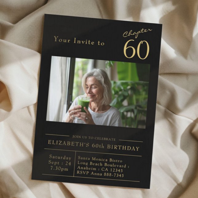 Invitation Soixante Black Gold 60th Birthday Party Photo (Black and gold 60th birthday party invitation on a cloth background)