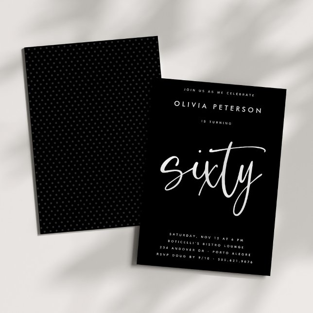 Invitation Soixante | Blanc moderne sur Noir 60e fête d'anniv (Créateur téléchargé)