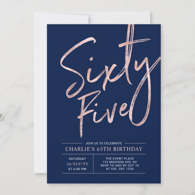 Invitation Soixante Cinq | Rose Gold & Navy 65e Anniversaire (Devant)