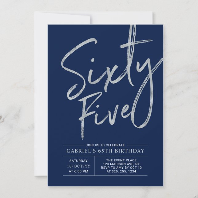 Invitation Soixante-cinq | Silver Navy Blue 65th Birthday Par (Devant)