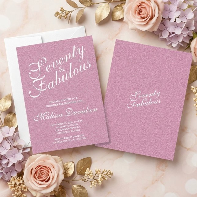 Invitation Soixante-dix ans et Fabuleux Anniversaire Rose Pai (Pink Glitter Seventy and Fabulous Birthday Invitation)