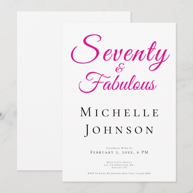 Invitation Soixante-dix ans et Fabuleux Minimal Rose 70e Anni (Devant / Derrière)