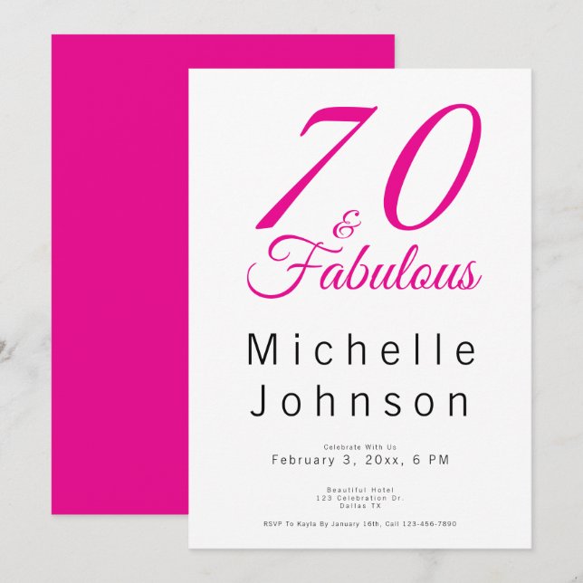 Invitation Soixante-dix ans et Fabuleux Minimal Rose 70e Anni (Devant / Derrière)
