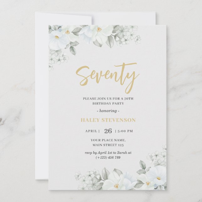 Invitation Soixante-dix Blanc & Or Fleur Élégant Anniversaire (Devant)
