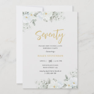 Invitation Soixante-dix Blanc & Or Fleur Élégant Anniversaire