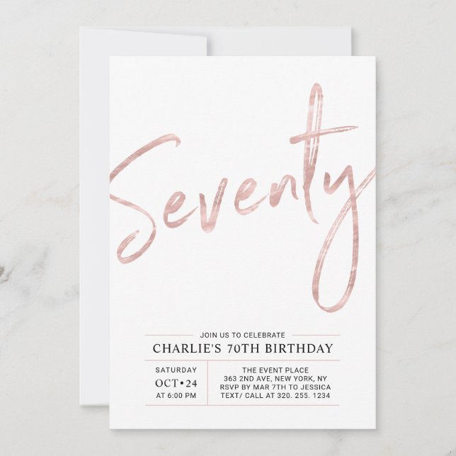 Invitation Soixante-dix | Moderne Rose Gold 70e Fête d'annive (Devant)