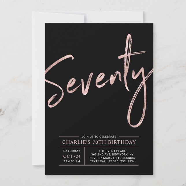 Invitation Soixante-dix | Rose Gold & Black 70th Anniversaire (Devant)