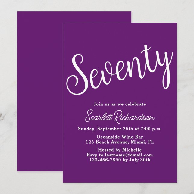 Invitation Soixante-dix Script Automne violet 70e fête d'anni (Devant / Derrière)