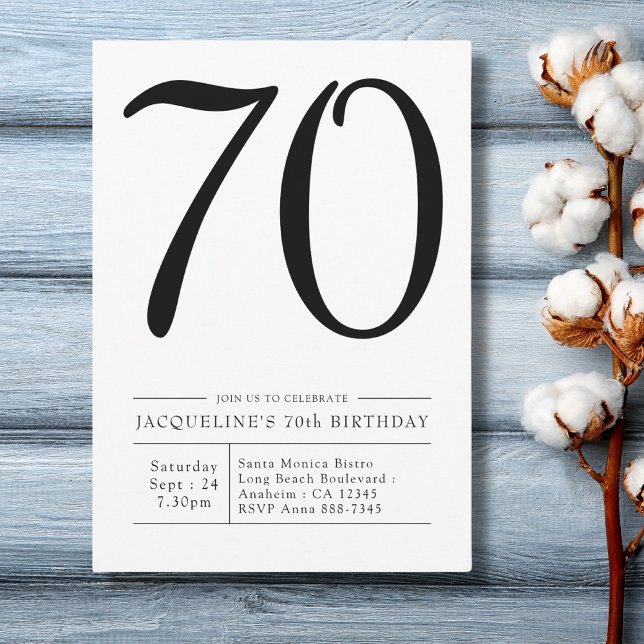 Invitation Soixante-dix-septième anniversaire Simple Party (70th Birthday black and white invitation. Light blue plank background. )
