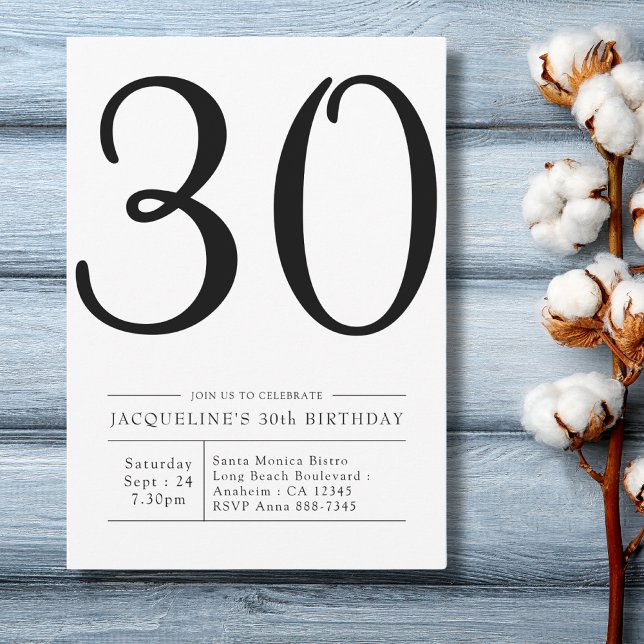 Invitation Soixante-dix-troisième anniversaire Soirée simple (modern simple black and white 30th birthday invitation on a blue wood background.)